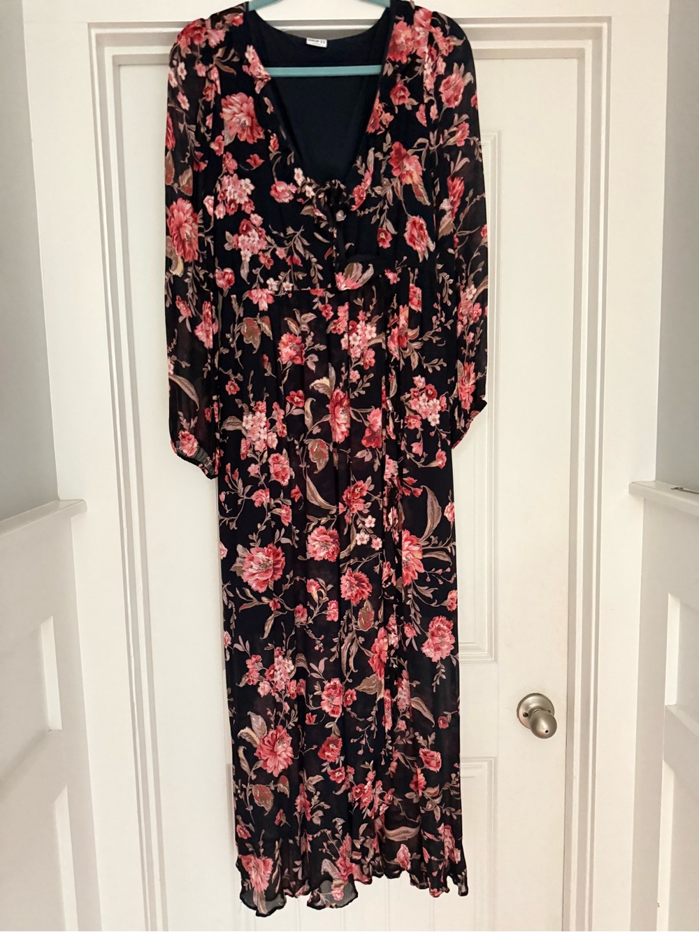 Navy Floral Long Sleeve Maxi Dress with Pink Bloom